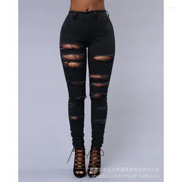 Women's Jeans Y2K Holes Destroyed Pencil Pants 2024 Casual Trousers Black White Stretch Ripped Skinny Women Denim