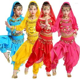 Stage Wear Dance Children Belly Costume Set Girls Flowers Outfit 5pcs ( Belt Skirt Veil Headpiece)