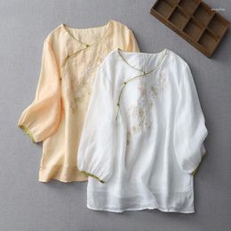 Women's Blouses Limiguyue Breathable Ramie Floral Embroidery Slanted Button Stand Neck Women Shirt Literary Half Sleeve Summer Tops E597