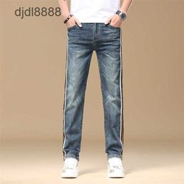 2024 Summer Striped Mens Straight Leg Jeans Blue Embroidered Elastic Loose Wide Leg Pants Trendy Brand