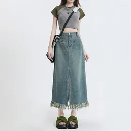 Skirts Summer High Waist Split Tassel Denim Skirt Women's Fashion Design Sense Slim Button Pocket Zipper Personalised A-line