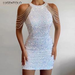 Casual Dresses Sexy Club Dress Women Fashion Halter Neck Crystal Fringe Sequins Lady Party Chic Slim Sleeveless Summer Mini Clothing