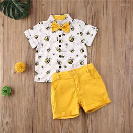 Clothing Sets 1-6years Baby Boys Summer Clothes Suit Short Sleeve Lapel Bee Print Tie Button Shirt White Shorts Kids 2pcs Casual