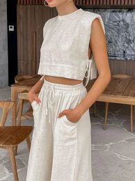 Spring Summer 2023 Women Holiday Linen Pant Set Crop Tops Solid Outfits 2 Two Piece Matching For 240407