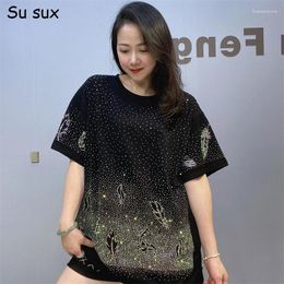 Women's T Shirts Sequins Black Short Sleeve Shirt Top Women 2024 Summer Casual Loose O Neck Tees Vestidos Streetwear Bust 120cm Length 73cm