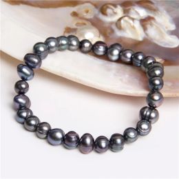 Strands 78 Freshwater Baroque Black Pearl Bracelet Genuine Natural Pearls Beaded Bangles Elastic Chain for Women Men Fine Jewellery Gift