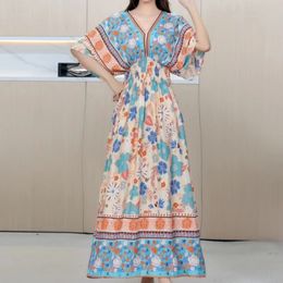 Vneck Large Skirt Hem Casual Sweet Holiday Long Dress Bat Sleeves Elastic Waist Bohemian Print Floral Elegant Dresse For Women 240418