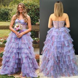 Printed Floral Prom Dress Lilac Sweetheart Fitted Corset Bodice Layered Ruffled Tulle Lady Pageant Winter Formal Evening Gown Special Occasion Gala Wear Hourglass