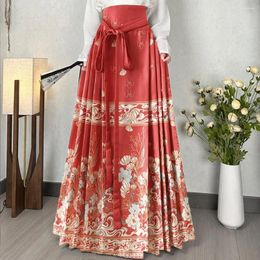 Skirts Chinese Skirt Ming Style Hanfu Elegant Vintage Women Maxi With Floral Print High Waist For