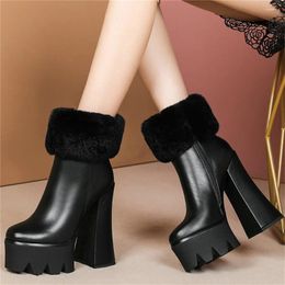 Boots Snow Winter Ankle Women's Wool Fur Genuine Leather Round Toe Warm Shoe Platform High Heels Party Pumps Oxfords Creepers