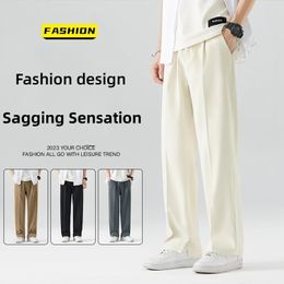 Casual Suit Pants Light Thin Korean Mens Straight Loose SemiWide Sweatpants Soft Wide Leg Long Baggy Trousers 240422