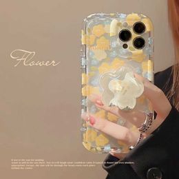 Cell Phone Bumpers Yellow Flower Quciksand Grip Tok Holder Soft Phone Case for iPhone 11 12 Pro 13 14 Pro Max 12 Mini 7 8 Plus SE X XS Max XR Cover Y240423