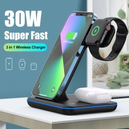 Chargers 3 in 1 Wireless Charger Stand 15W Qi Fast Charging Dock Station for Apple Watch iWatch S9 AirPods Pro For iPhone 15 14 13 12 Pro