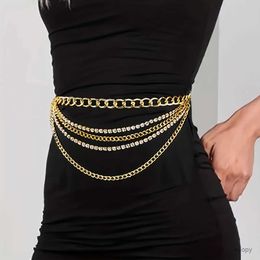 Waist Chain Belts Sparkling Metal Waist Chain Rhinestone Decor Golden Silvery Metal Chain Punk Dress Girdle For Women