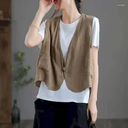 Women's Vests Sleeveless Vest For Women Tops Cotton Linen Solid Casual Loose Tanks V-neck Single Button Korean Fashion Cardigan Clothing