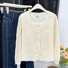 Chic Square Collar Shirt Women Plus Size Autumn Winter 2023 Casual Clothing Puff Sleeve Blouses Lace Embroidered Tops 240419