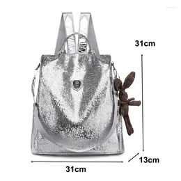 Storage Bags 2024 Fashion Casual Women Backpacks PU Leather Anti-Theft Black Backpack Girls School Shoulder Bag With Bear Black/Silver