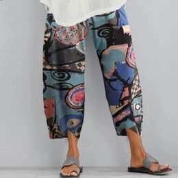 Women's Pants Women Casual Loose Wide Leg Cotton Linen Print Comfort Summer Fashion Vintage Elastic Waist Harem Boho Beach