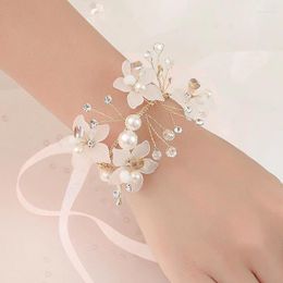 Charm Bracelets Pearl Wrist Flower For Girls Bridesmaid Wedding Lace-up Hand Bridal Prom Accessories Dancing Party Decor Fashion Bracelet