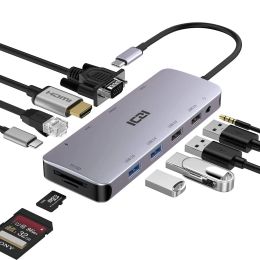 Hubs USB C Hub ,Type C Hub ,ICZI 11 in 1 Adapter with Ethernet ,4K USB C to HDMI,VGA, 2 USB 3.0 2 USB 2.0, SD/TF Card Reader,Mic/Audi