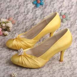 Dress Shoes Discount Closed Toe Yellow For Women Mid Heels Prom Court Pumps With Pearls