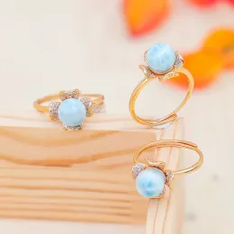 Rings HUAYI Designs Luxury flower Natural oval Larimar ring Adjustable 925 Sterling silver rhodium