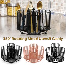 Storage Metal Utensil Caddy 360 °rotation Cutlery Holder 4 Compartment Flatware Storage Basket Multifunctional Kitchen Knives Stands