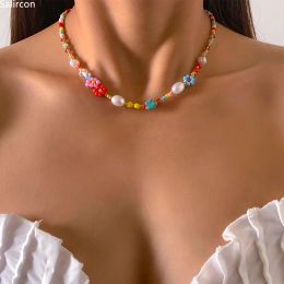 Necklaces Baroque Simulated Pearls Cute Flowers Colourful Handwoven Beaded Short Clavicle Chain Choker Necklace For Women Girls Jewellery