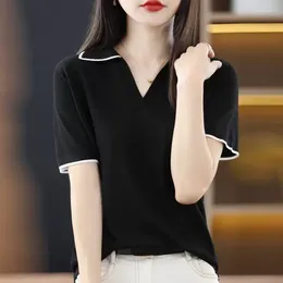 Women's Polos Top Clothes T Shirts Polo Neck Shirt Grey Plain Short Sleeve Tee Summer 2024 Offer V Cute Polyester Youth