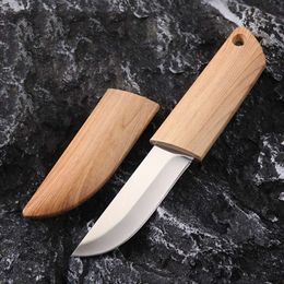 EDC Convenient Straight Knife, Fixed Blade, Multi-function Fruit Knife and Cutting Knife with Wooden Scabbard, BBQ Knife