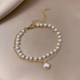 Strands European And American Fashion Alloy Beaded Stacked Bracelet Retro Simple Double Layer Love Pearl Moon Kitten Girls Bracelet