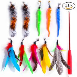 Toys 11 PCS Cat Feather Toy Feather Teaser Stick Wand Set Creative Colourful Interactive Retractable Feather Bell Refill Replacement