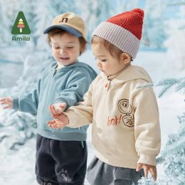 Sweatshirts Amila Baby Hoodies 2022 Autumn and Winter New Boys Girls Cute Cartoon Warm Thicken Hooded Sweatshirts Fashion Children Outerwear