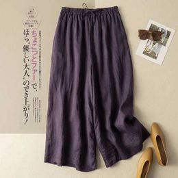 Women's Pants Capris Purple cotton linen casual elastic high waisted loose fitting womens pants Korean fashion wide leg ankle length womens pants 2024 Y240422