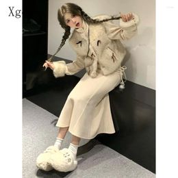 Work Dresses Xgoth Winter Women's Skirt Sets Stand Collar Bow Button Thickend Jacket Girls Long Fishtail Skirts Preppy Female Outfits