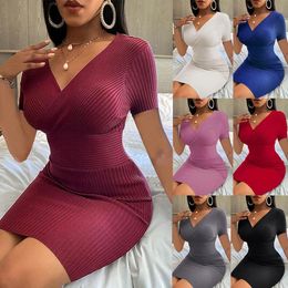 Spring Style Sexy Short Sleeve Bottoming Shirt Thread Deep V Neck Hip Dress For Women