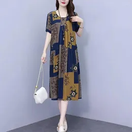 Casual Dresses Loose Fit Dress Floral Print A-line Midi With Pockets For Women Knee Length Short Sleeves Pleated Summer Commute