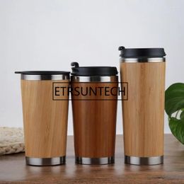 Mugs 50pcs/lot 350ml 450ml Natural Bamboo Travel Mug With Lid Stainless Steel Coffee Cup Tumbler Bottles Beer Tea