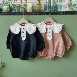 One-Pieces Cute Baby Bodysuits Long Sleeve 2022 Spring New Girls Jumpsuit Baby Lace Large Lapel Princess Onesie Baby Clothes