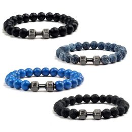 Strands 14 Style Natural stone Metal Dumbbell Lava Stone Beads Bracelets Bangles Women Jewelry Men Bracelet Couple Pulseras Hombre mujer