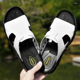 Simplicity Slippers Genuine Leather Men Outdoor Non Slip Summer Shoes Home Fashion Casual Cool Soft Beach Pantuflas Plus