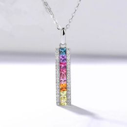 Necklaces Rainbow Pendants For Women S925 Sterling Silver Necklace Square Cubic Zirconia Colourful Stone Simple Colar Unique Fine Jewellery