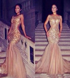 2019 Formal Sexy Gold Nude See Through Evening Gowns Mermaid Sheer Neck Crystal Beaded Tulle Backless Celebrity Prom Dresses6961249