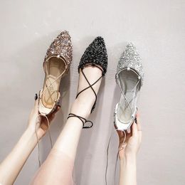 Casual Shoes 2024 Women Luxury Rhinestone Ballet Flats Cross-Tied Lace Up Flat Woman Crystal D'orsay Wedding Glitter Sliver Mules