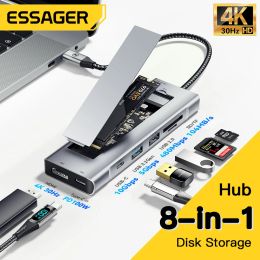 Hubs Essager USB Type C Hub With Disc Storage Function 8 in 1 USB C to SATA SSD HDD Laptop Dock Station PC For Macbook Pro Air M1 M2