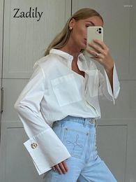 Women's Blouses Zadily 2024 Summer Office Lady Long Sleeve Women White Shirt Minimalist Button Up Loose Work Shirts Pocket Female Tops
