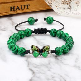 Strands Adjustable Green Butterfly Bracelets&Bangles 8mm Natural Stone Malachite White Porcelain Handmade Fashion Jewellery For Women Men