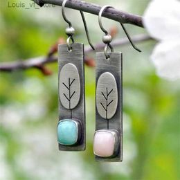 Dangle Chandelier Retro Square Inlaid with Blue and Pink Stones Earrings Ethnic Silver Colour Metal Carving Grass Blossom Hook H240423