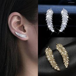 Stud Earrings Feather Leaf Shaped For Women Delicate Zircon Light Yellow Gold Colour Party Daily Gift Fashion Jewellery KAE060