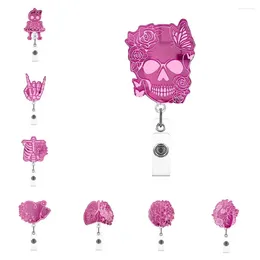 Brooches Skull Retractable Badge Reel Acrylic ID Card Clips Name Holder Pink 360 Rotating Alligator Clip